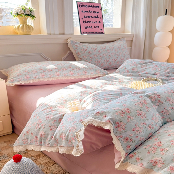 91家纺网 家纺一手货源 找家纺 （总）芯贝儿 2026新款古法小清新全棉花边仿棉水洗棉法式四件套件被套床单