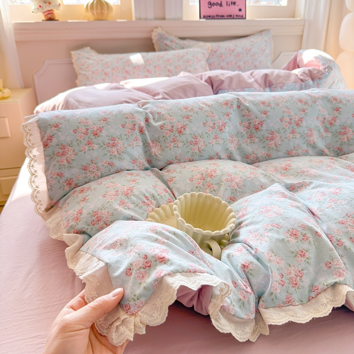 91家纺网 家纺一手货源 找家纺 （总）芯贝儿 2026新款古法小清新全棉花边仿棉水洗棉法式四件套件被套床单