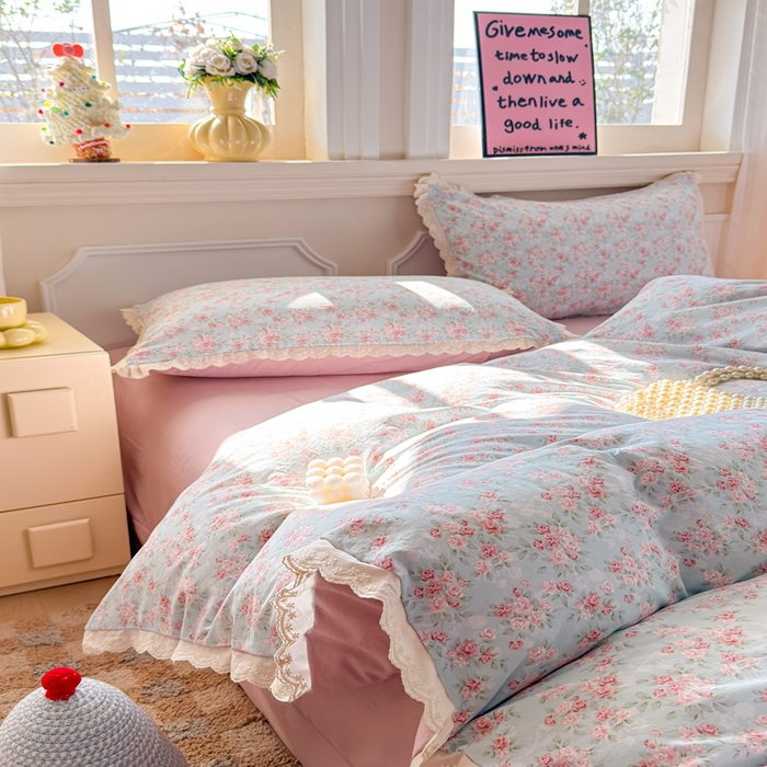 91家纺网 家纺一手货源 找家纺 （总）芯贝儿 2026新款古法小清新全棉花边仿棉水洗棉法式四件套件被套床单