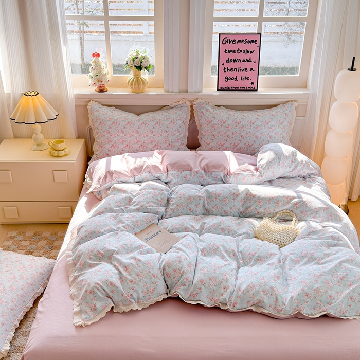 91家纺网 家纺一手货源 找家纺 （总）芯贝儿 2026新款古法小清新全棉花边仿棉水洗棉法式四件套件被套床单