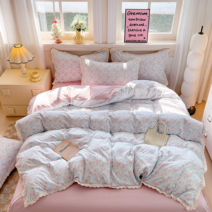 91家纺网 家纺一手货源 找家纺 （总）芯贝儿 2026新款古法小清新全棉花边仿棉水洗棉法式四件套件被套床单