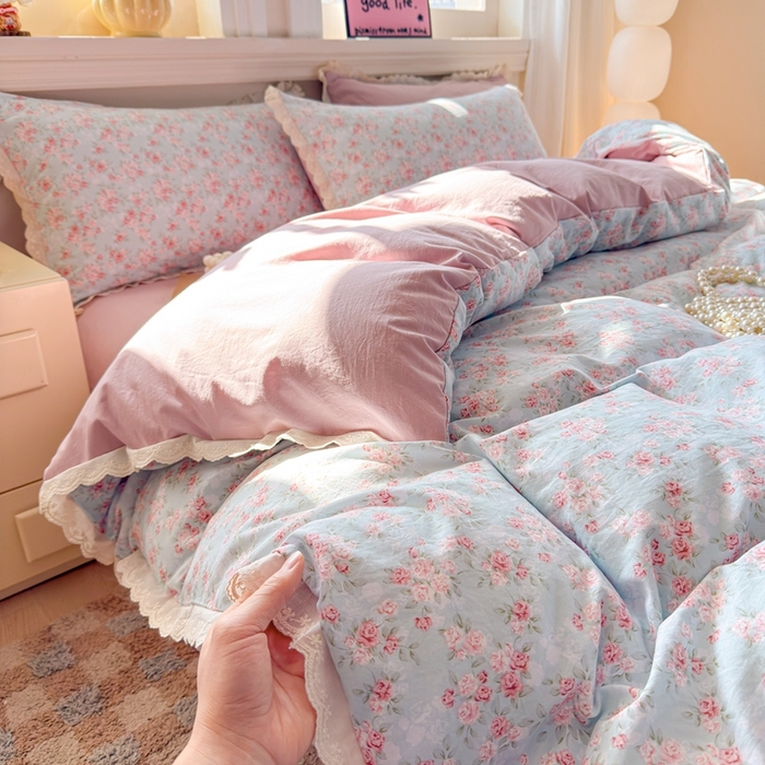 91家纺网 家纺一手货源 找家纺 （总）芯贝儿 2026新款古法小清新全棉花边仿棉水洗棉法式四件套件被套床单