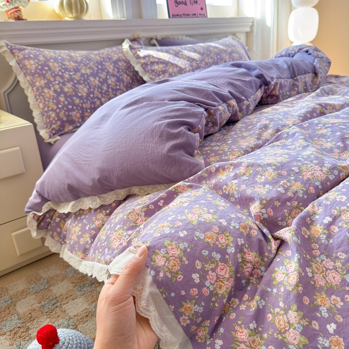 91家纺网 家纺一手货源 找家纺 （总）芯贝儿 2026新款古法小清新全棉花边仿棉水洗棉法式四件套件被套床单