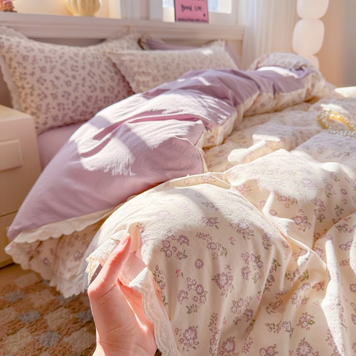 91家纺网 家纺一手货源 找家纺 （总）芯贝儿 2026新款古法小清新全棉花边仿棉水洗棉法式四件套件被套床单