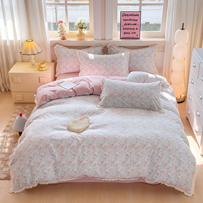 91家纺网 家纺一手货源 找家纺 芯贝儿 2026新款古法小清新全棉花边仿棉水洗棉法式四件套件被套床单 陌言