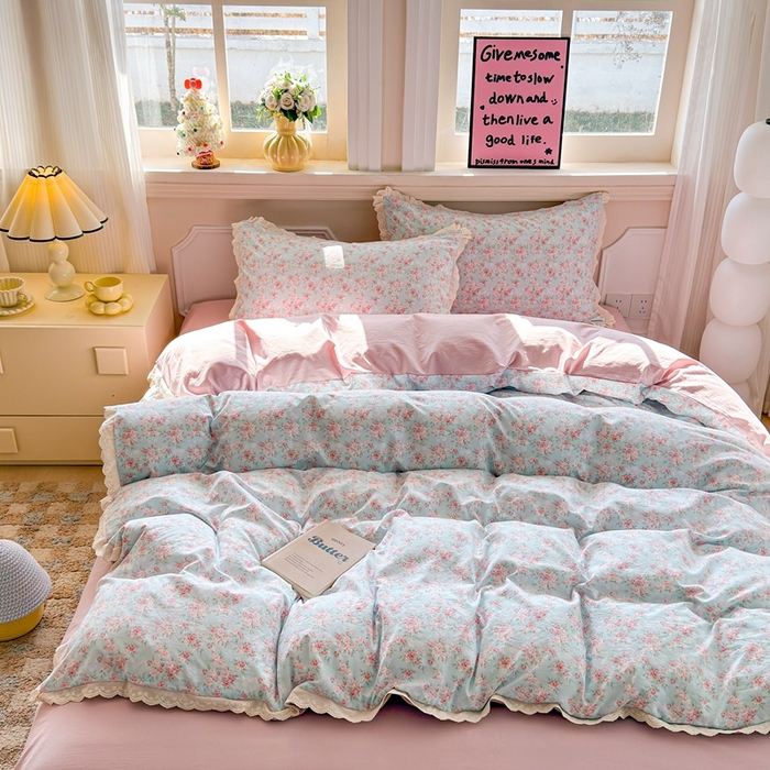 91家纺网 家纺一手货源 找家纺 芯贝儿 2026新款古法小清新全棉花边仿棉水洗棉法式四件套件被套床单 陌言