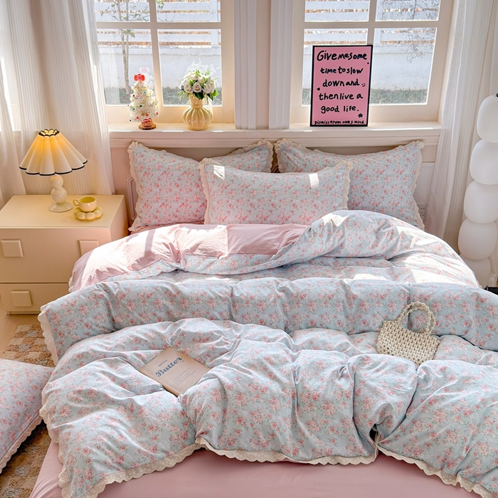 91家纺网 家纺一手货源 找家纺 芯贝儿 2026新款古法小清新全棉花边仿棉水洗棉法式四件套件被套床单 陌言