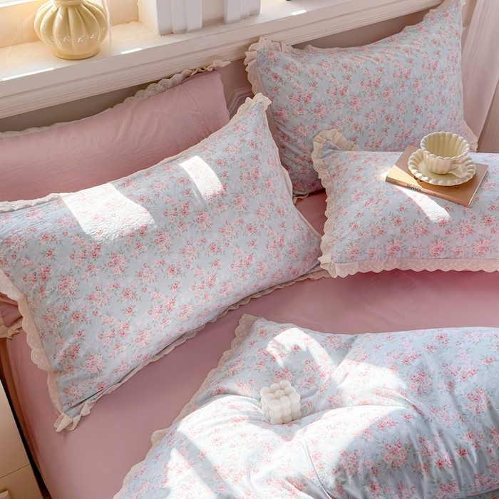 91家纺网 家纺一手货源 找家纺 芯贝儿 2026新款古法小清新全棉花边仿棉水洗棉法式四件套件被套床单 陌言