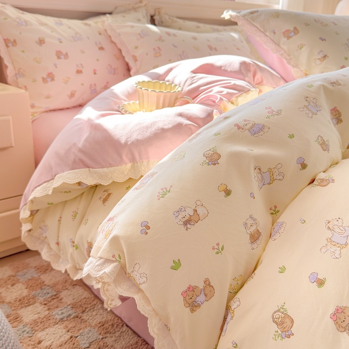 91家纺网 家纺一手货源 找家纺 芯贝儿 2026新款古法小清新全棉花边仿棉水洗棉法式四件套件被套床单 班尼狗