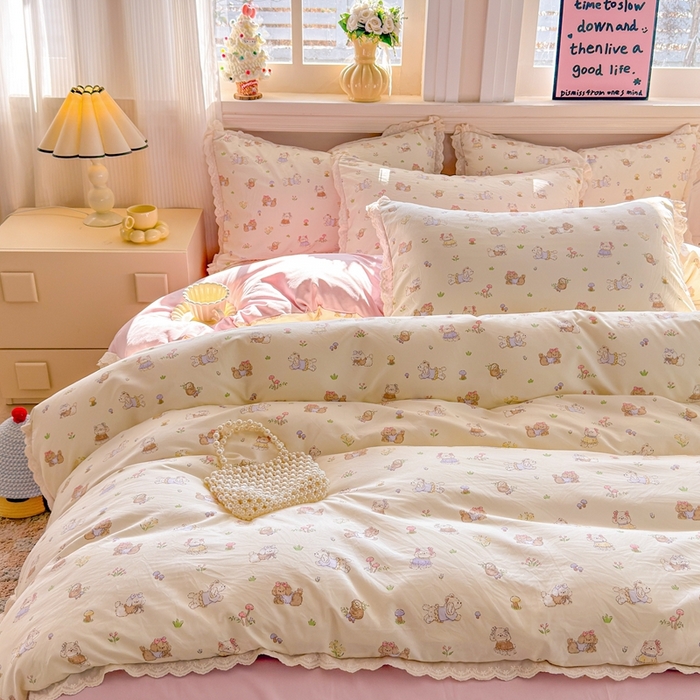 91家纺网 家纺一手货源 找家纺 芯贝儿 2026新款古法小清新全棉花边仿棉水洗棉法式四件套件被套床单 班尼狗