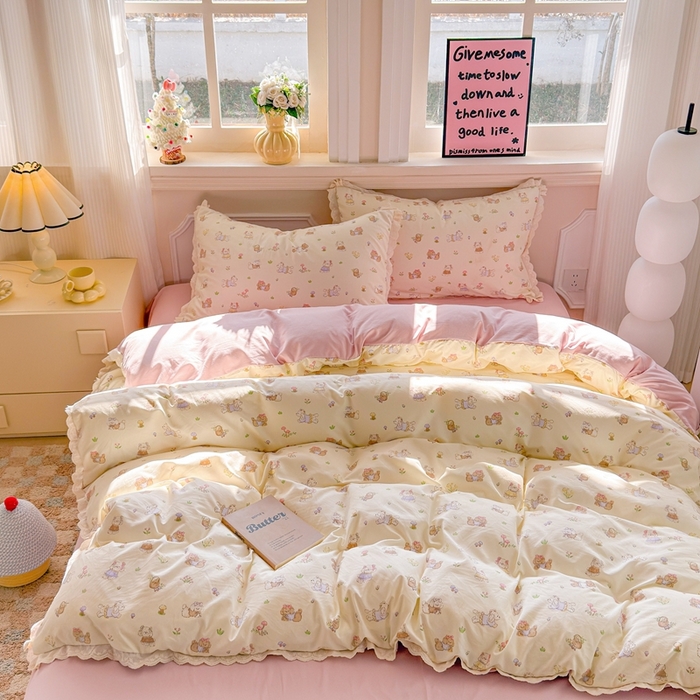 91家纺网 家纺一手货源 找家纺 芯贝儿 2026新款古法小清新全棉花边仿棉水洗棉法式四件套件被套床单 班尼狗