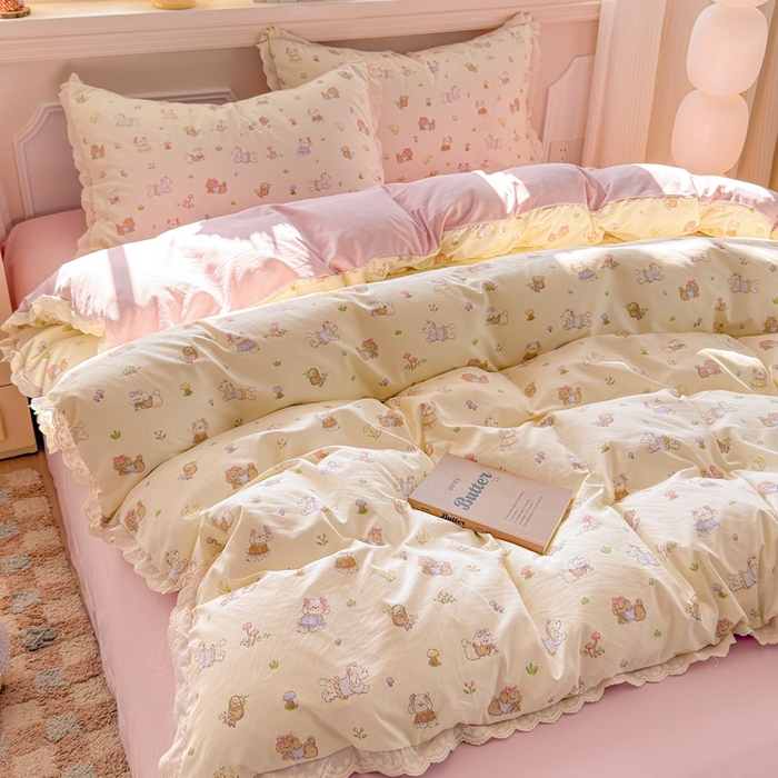 91家纺网 家纺一手货源 找家纺 芯贝儿 2026新款古法小清新全棉花边仿棉水洗棉法式四件套件被套床单 班尼狗