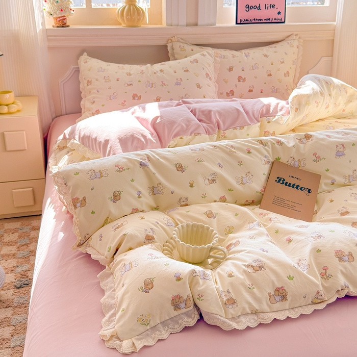 91家纺网 家纺一手货源 找家纺 芯贝儿 2026新款古法小清新全棉花边仿棉水洗棉法式四件套件被套床单 班尼狗