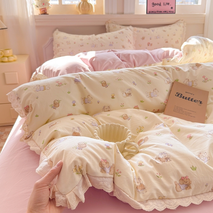 91家纺网 家纺一手货源 找家纺 芯贝儿 2026新款古法小清新全棉花边仿棉水洗棉法式四件套件被套床单 班尼狗