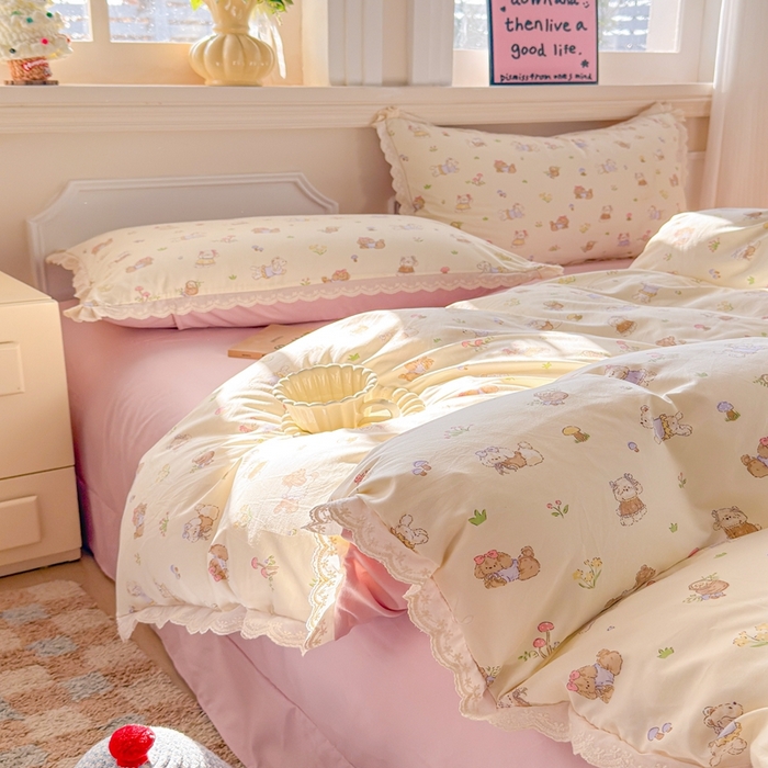 91家纺网 家纺一手货源 找家纺 芯贝儿 2026新款古法小清新全棉花边仿棉水洗棉法式四件套件被套床单 班尼狗