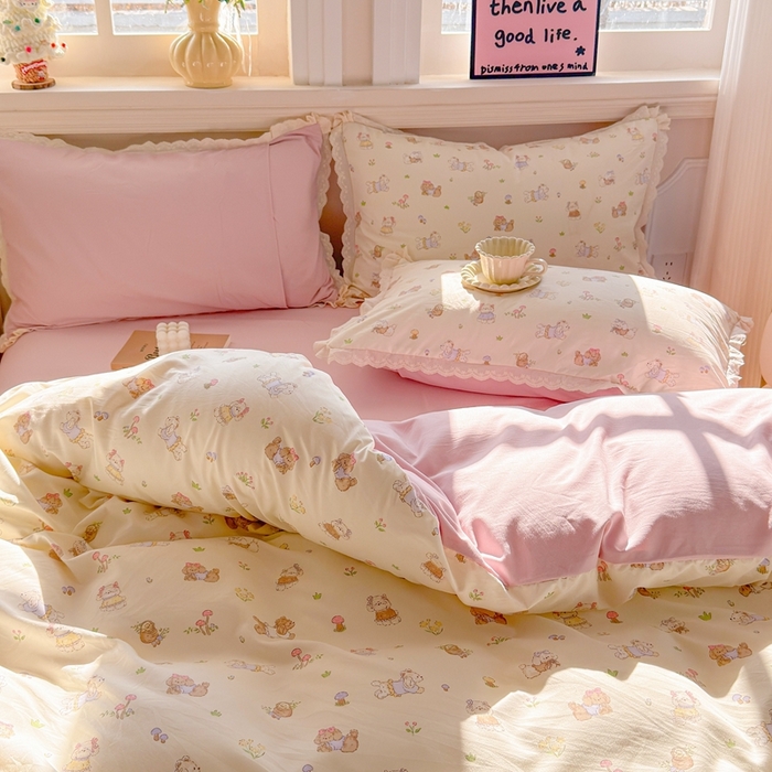 91家纺网 家纺一手货源 找家纺 芯贝儿 2026新款古法小清新全棉花边仿棉水洗棉法式四件套件被套床单 班尼狗