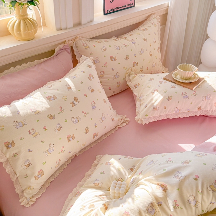 91家纺网 家纺一手货源 找家纺 芯贝儿 2026新款古法小清新全棉花边仿棉水洗棉法式四件套件被套床单 班尼狗