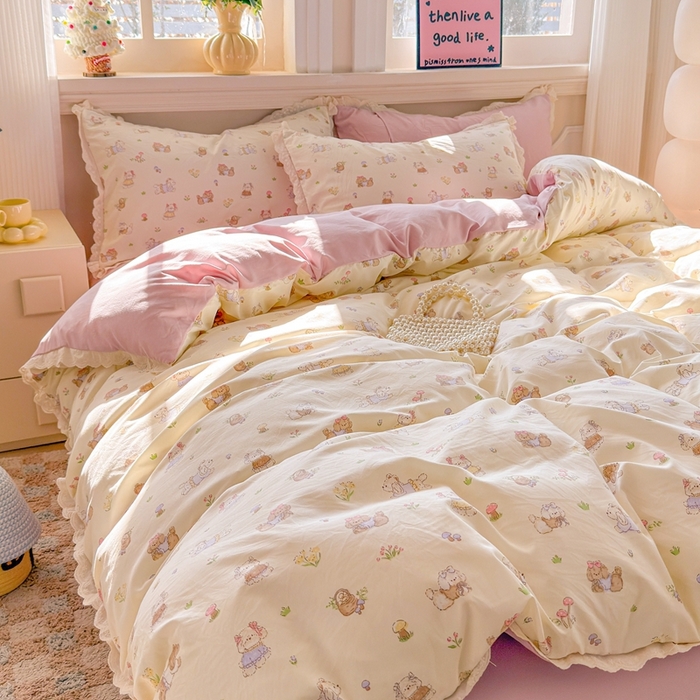 91家纺网 家纺一手货源 找家纺 芯贝儿 2026新款古法小清新全棉花边仿棉水洗棉法式四件套件被套床单 班尼狗