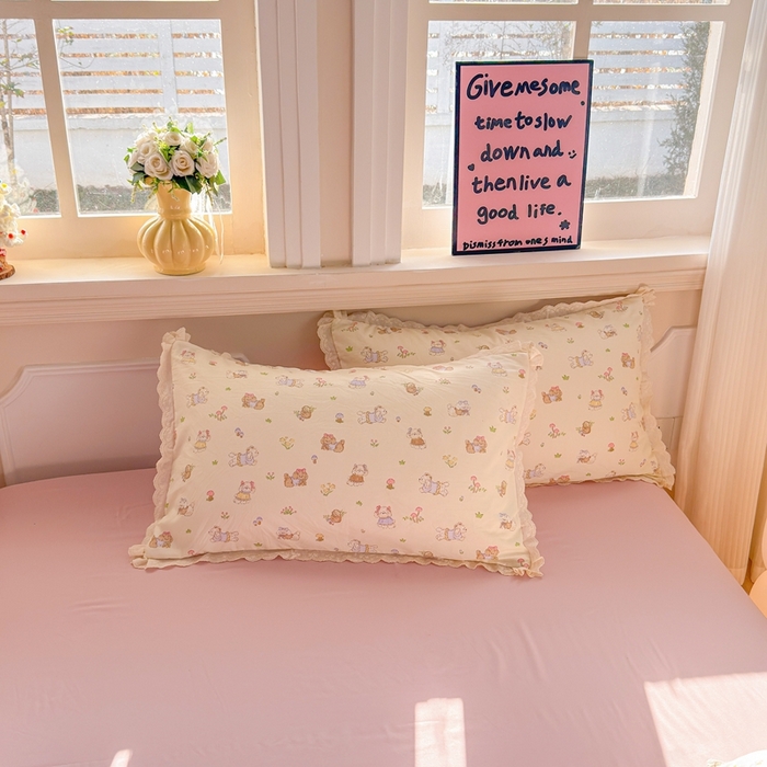 91家纺网 家纺一手货源 找家纺 芯贝儿 2026新款古法小清新全棉花边仿棉水洗棉法式四件套件被套床单 班尼狗