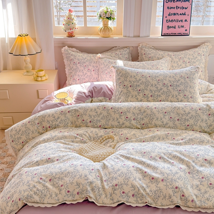 91家纺网 家纺一手货源 找家纺 芯贝儿 2026新款古法小清新全棉花边仿棉水洗棉法式四件套件被套床单 半糖悠然