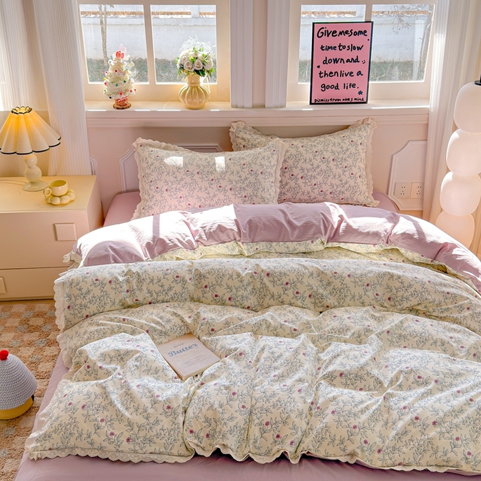 91家纺网 家纺一手货源 找家纺 芯贝儿 2026新款古法小清新全棉花边仿棉水洗棉法式四件套件被套床单 半糖悠然