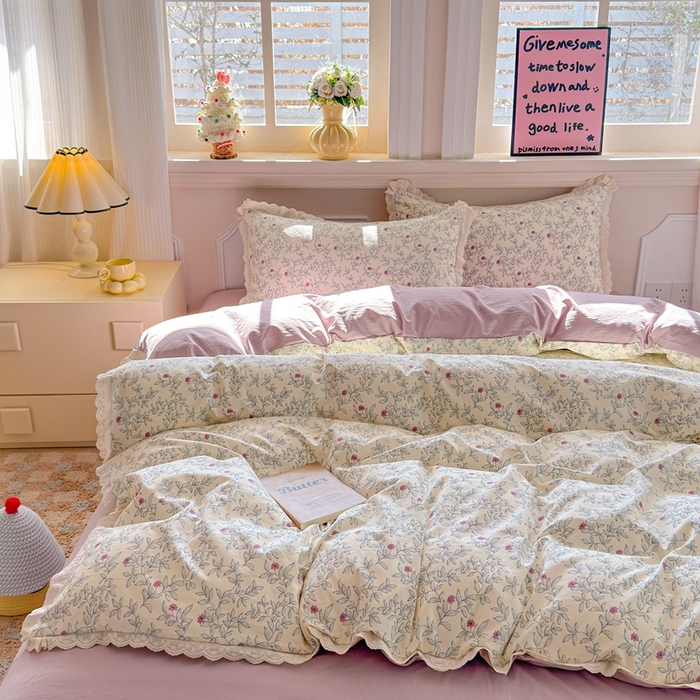 91家纺网 家纺一手货源 找家纺 芯贝儿 2026新款古法小清新全棉花边仿棉水洗棉法式四件套件被套床单 半糖悠然