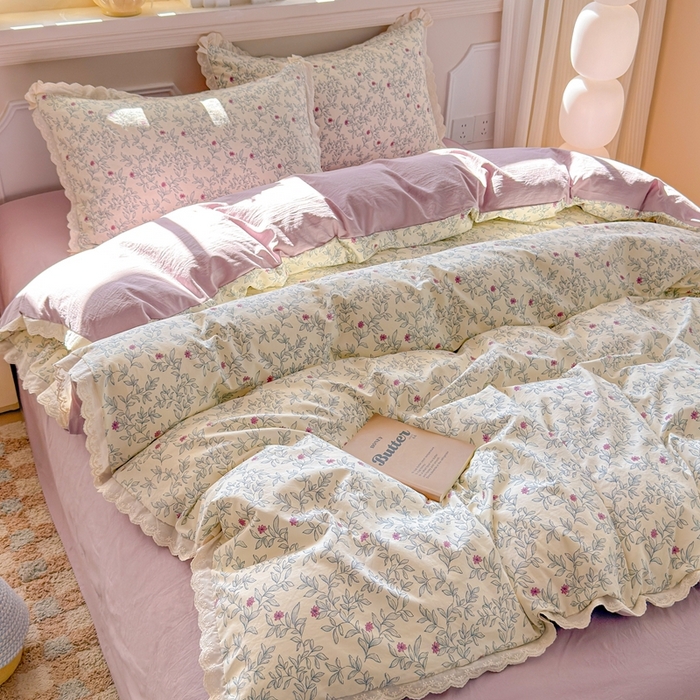 91家纺网 家纺一手货源 找家纺 芯贝儿 2026新款古法小清新全棉花边仿棉水洗棉法式四件套件被套床单 半糖悠然