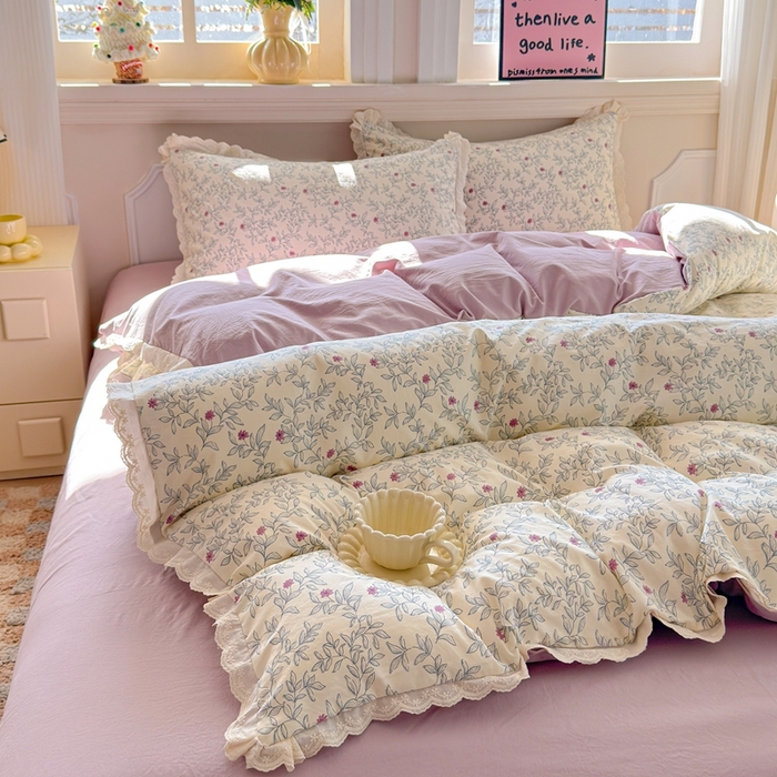 91家纺网 家纺一手货源 找家纺 芯贝儿 2026新款古法小清新全棉花边仿棉水洗棉法式四件套件被套床单 半糖悠然