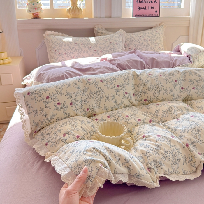 91家纺网 家纺一手货源 找家纺 芯贝儿 2026新款古法小清新全棉花边仿棉水洗棉法式四件套件被套床单 半糖悠然