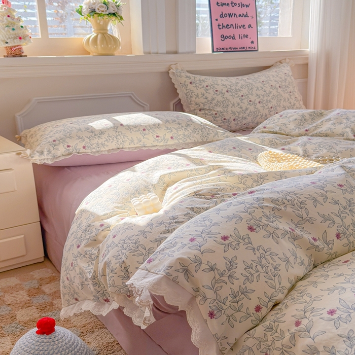 91家纺网 家纺一手货源 找家纺 芯贝儿 2026新款古法小清新全棉花边仿棉水洗棉法式四件套件被套床单 半糖悠然