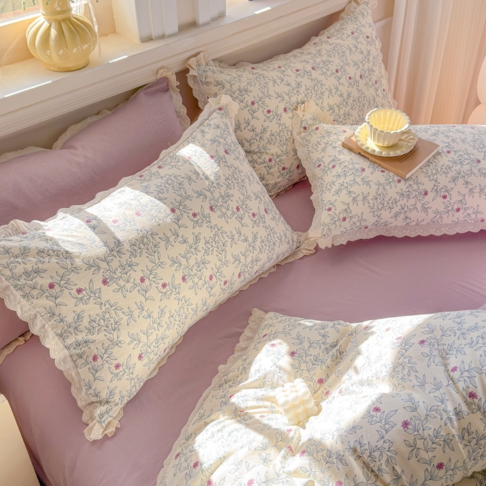 91家纺网 家纺一手货源 找家纺 芯贝儿 2026新款古法小清新全棉花边仿棉水洗棉法式四件套件被套床单 半糖悠然