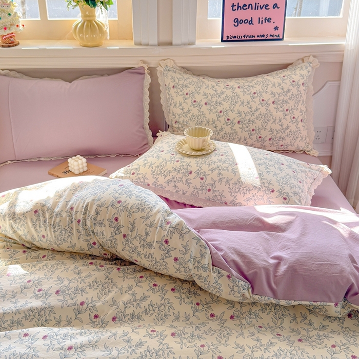 91家纺网 家纺一手货源 找家纺 芯贝儿 2026新款古法小清新全棉花边仿棉水洗棉法式四件套件被套床单 半糖悠然