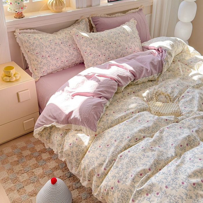 91家纺网 家纺一手货源 找家纺 芯贝儿 2026新款古法小清新全棉花边仿棉水洗棉法式四件套件被套床单 半糖悠然