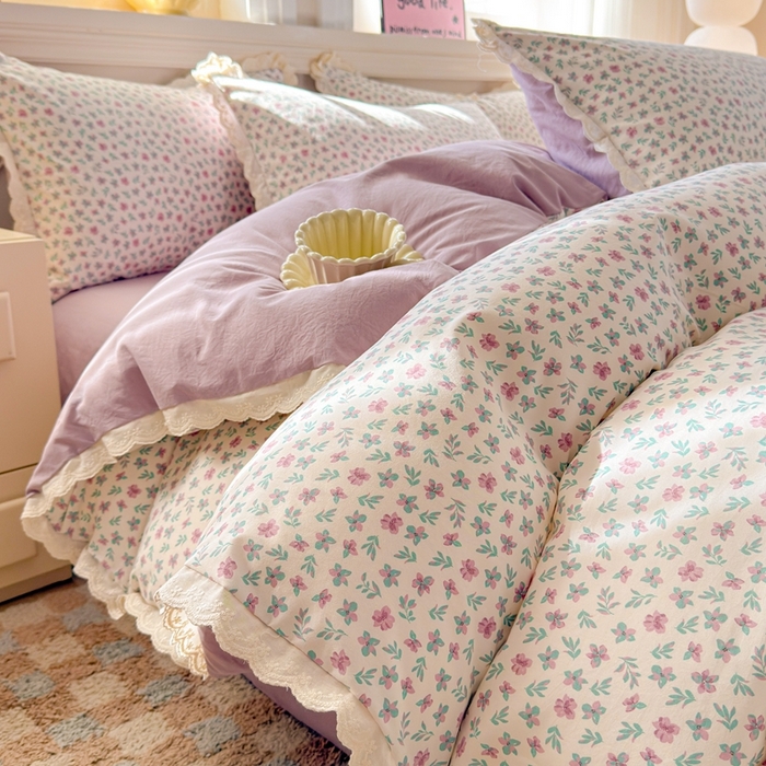 91家纺网 家纺一手货源 找家纺 芯贝儿 2026新款古法小清新全棉花边仿棉水洗棉法式四件套件被套床单 花田故事