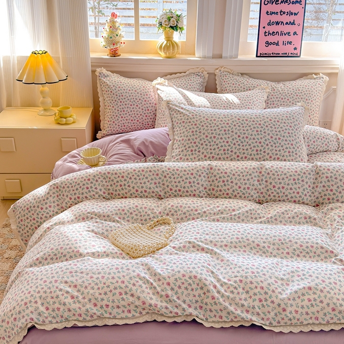 91家纺网 家纺一手货源 找家纺 芯贝儿 2026新款古法小清新全棉花边仿棉水洗棉法式四件套件被套床单 花田故事