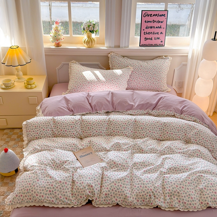 91家纺网 家纺一手货源 找家纺 芯贝儿 2026新款古法小清新全棉花边仿棉水洗棉法式四件套件被套床单 花田故事