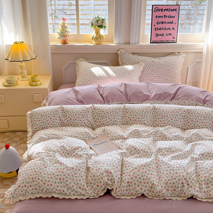 91家纺网 家纺一手货源 找家纺 芯贝儿 2026新款古法小清新全棉花边仿棉水洗棉法式四件套件被套床单 花田故事