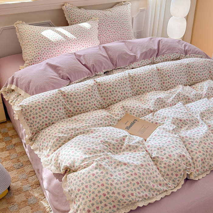 91家纺网 家纺一手货源 找家纺 芯贝儿 2026新款古法小清新全棉花边仿棉水洗棉法式四件套件被套床单 花田故事