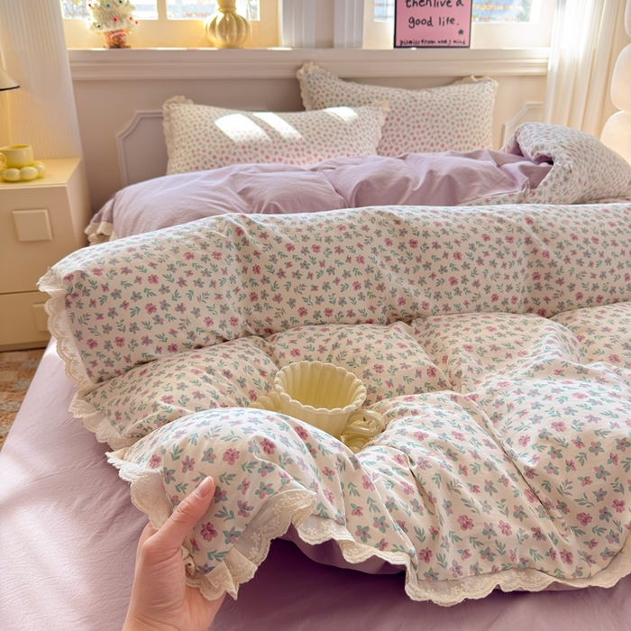 91家纺网 家纺一手货源 找家纺 芯贝儿 2026新款古法小清新全棉花边仿棉水洗棉法式四件套件被套床单 花田故事