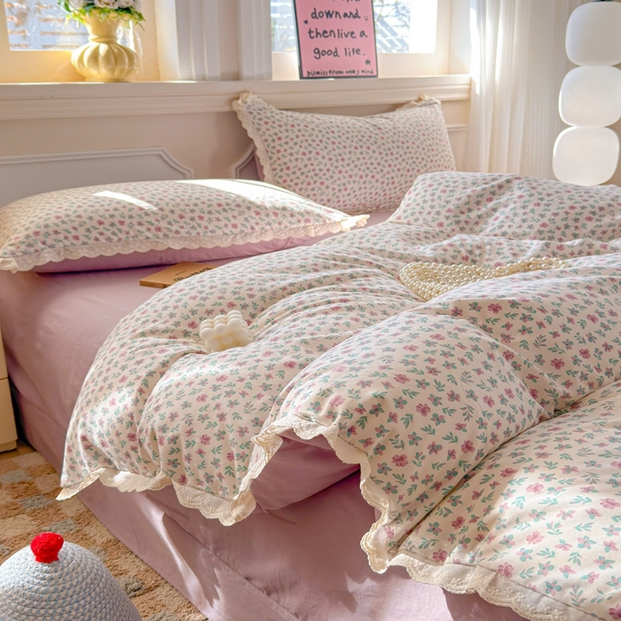 91家纺网 家纺一手货源 找家纺 芯贝儿 2026新款古法小清新全棉花边仿棉水洗棉法式四件套件被套床单 花田故事