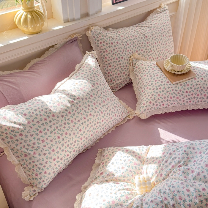 91家纺网 家纺一手货源 找家纺 芯贝儿 2026新款古法小清新全棉花边仿棉水洗棉法式四件套件被套床单 花田故事