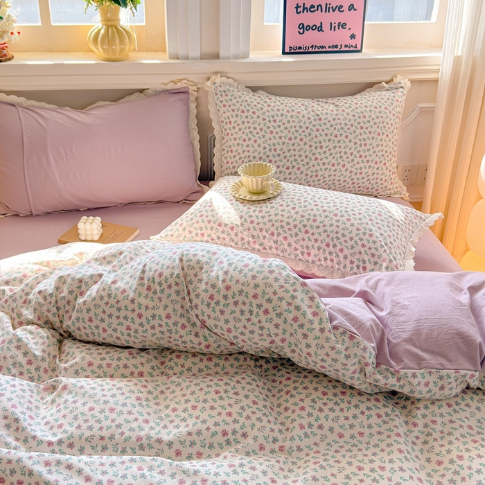 91家纺网 家纺一手货源 找家纺 芯贝儿 2026新款古法小清新全棉花边仿棉水洗棉法式四件套件被套床单 花田故事