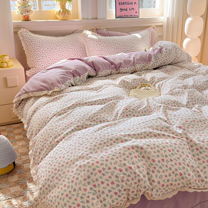 91家纺网 家纺一手货源 找家纺 芯贝儿 2026新款古法小清新全棉花边仿棉水洗棉法式四件套件被套床单 花田故事