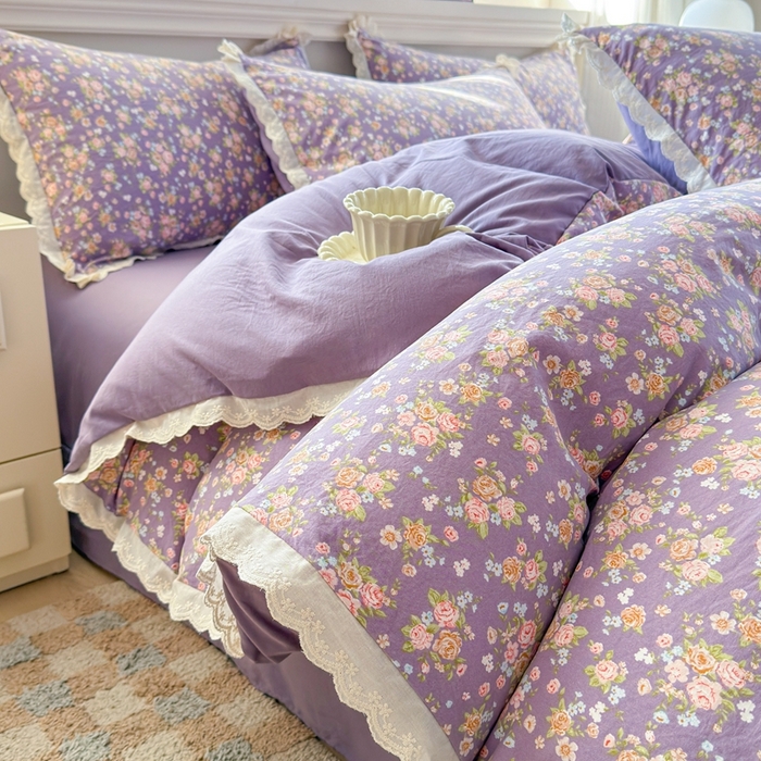 91家纺网 家纺一手货源 找家纺 芯贝儿 2026新款古法小清新全棉花边仿棉水洗棉法式四件套件被套床单 花絮