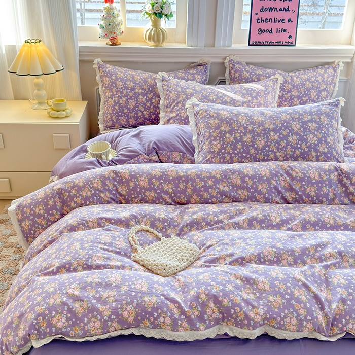 91家纺网 家纺一手货源 找家纺 芯贝儿 2026新款古法小清新全棉花边仿棉水洗棉法式四件套件被套床单 花絮