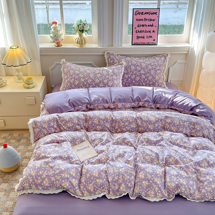 91家纺网 家纺一手货源 找家纺 芯贝儿 2026新款古法小清新全棉花边仿棉水洗棉法式四件套件被套床单 花絮