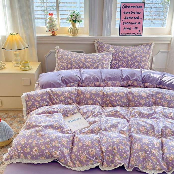 91家纺网 家纺一手货源 找家纺 芯贝儿 2026新款古法小清新全棉花边仿棉水洗棉法式四件套件被套床单 花絮