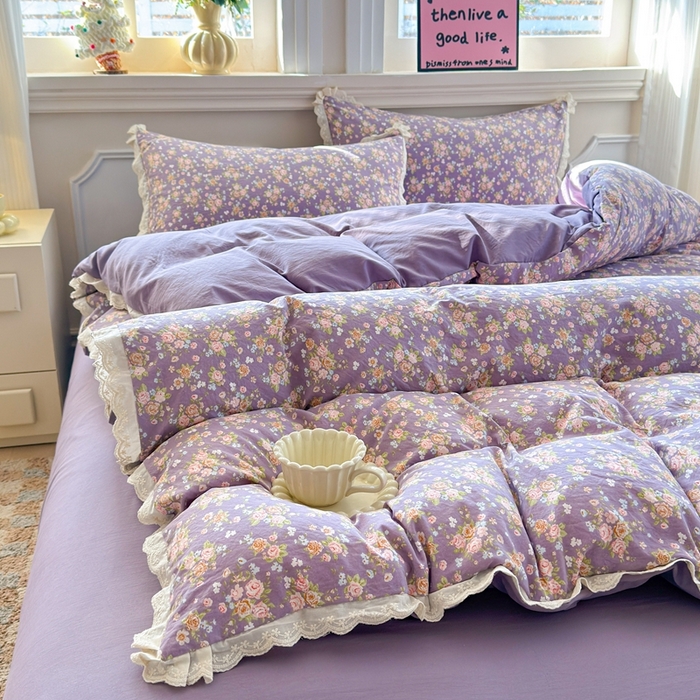 91家纺网 家纺一手货源 找家纺 芯贝儿 2026新款古法小清新全棉花边仿棉水洗棉法式四件套件被套床单 花絮