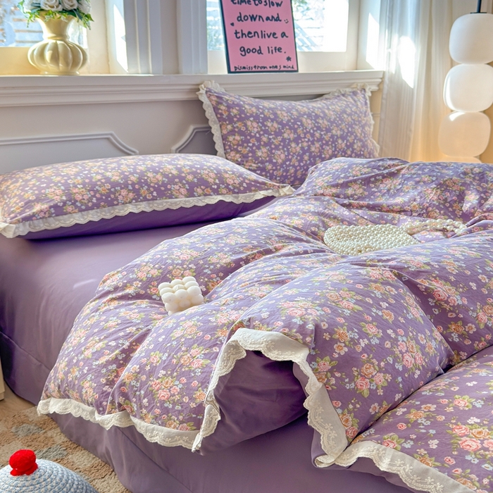 91家纺网 家纺一手货源 找家纺 芯贝儿 2026新款古法小清新全棉花边仿棉水洗棉法式四件套件被套床单 花絮