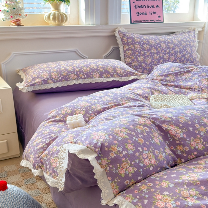 91家纺网 家纺一手货源 找家纺 芯贝儿 2026新款古法小清新全棉花边仿棉水洗棉法式四件套件被套床单 花絮